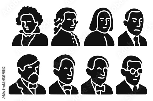 Pianists Icon Grid. Solid, filled icon set of famous pianists: Beethoven, Mozart, Chopin, Liszt, Rachmaninoff, Debussy, Horowitz, Gould. Solid, filled icons in