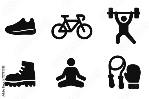 Fitness Icon Grid. Solid, filled icon set of fitness activities: running shoe, bicycle, swimming, weightlifting, yoga pose, hiking boot, jump rope, boxing