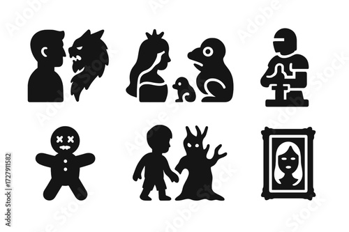 Cursed Transformations Icons. Solid, filled icon set of cursed transformations: man to beast, princess to frog, knight to statue, child to shadow, cursed doll,