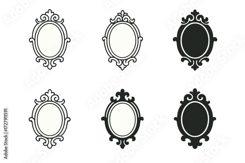 Vintage Mirror Logos. Vintage mirror. Set Logo of vintage mirror: Baroque decorative mirror icon. harmonious logo variations of the same emblematic concept