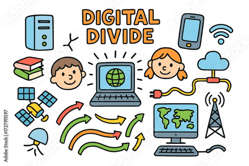 Digital Connection Doodles. Digital divide. Colorful Hand-drawn doodle Children illustration Laptop, smartphone, globe, Wi-Fi symbol, server, books, satellite,