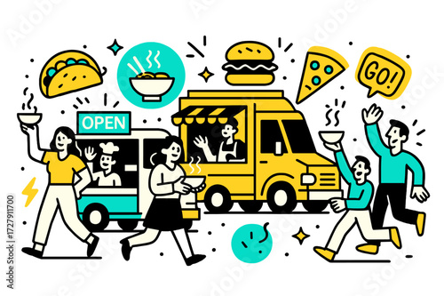Festive Street Food Scene. Street food trucks lined up, cheerful people holding steaming bowls. Neon lights and floating food icons add a festive vibe. Modern