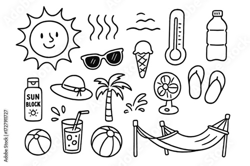 Heatwave Doodle Icons. Hand-drawn doodle illustration [Heatwave shimmer] [sun, thermometer, wavy heat lines, sunglasses, ice cream, water bottle,