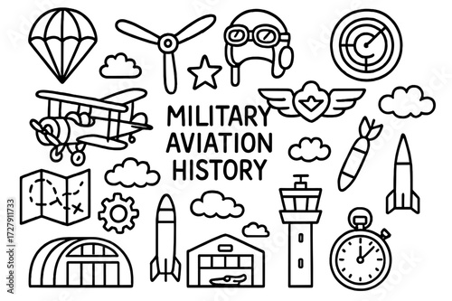 Military Aviation Icons. Hand-drawn doodle illustration Military aviation history biplane, propeller, pilot helmet, parachute, radar, star, wings, clouds,