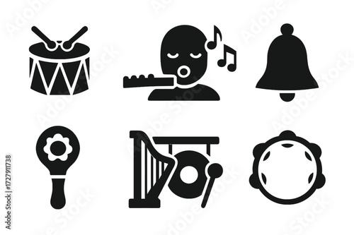 Ritual Music Icons. Solid, filled icon set of ritual music: drum, flute, chant, bell, rattle, harp, gong, tambourine. Solid, filled icons in only black color.