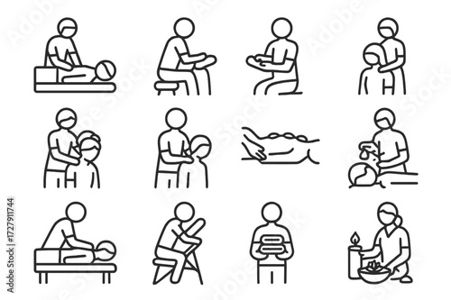 Wellness Icon Set. Wellness treatments. Line icon set of wellness treatments: therapist giving back massage, therapist giving foot massage, therapist giving