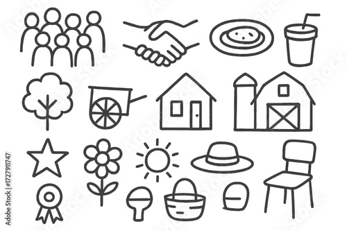 Village Gathering Doodles. Hand-drawn doodle illustration village gathering people icons, handshake, food plate, drink cup, tree, cart, house, barn, star,