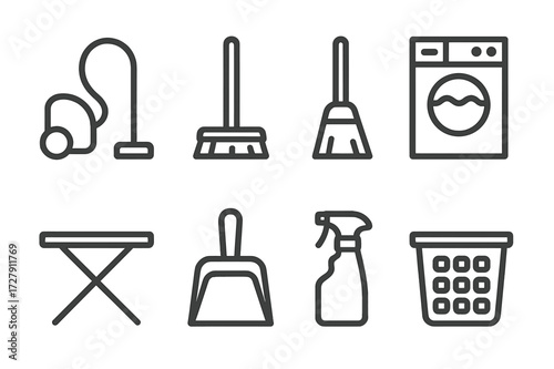 Household Chore Icons. Outline icon set of household chores: vacuum cleaner, mop, broom, washing machine, ironing board, dustpan, spray bottle, laundry basket.