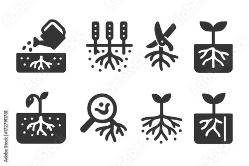 Root Care Icons. Solid, filled icon set of root care and gardening: watering roots, soil aeration, root pruning, root fertilizer, root rot, root inspection,