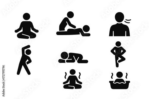 Body Relaxation Icons. Solid, filled icon set of body relaxation: meditation, massage, yoga, deep breathing, stretching, nap, sauna, hot bath. Solid, filled