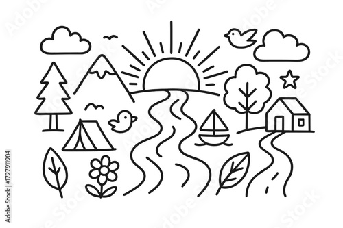 Sunrise Doodle Landscape. Hand-drawn doodle illustration sunrise horizon, sun rays, mountain, tree, cloud, bird, river, flower, star, tent, house, hill, boat,