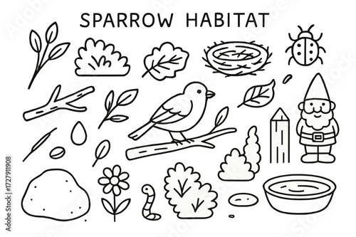 Sparrow Habitat Doodles. Hand-drawn doodle illustration [Sparrow habitat] [tree branch, shrub, bird nest, insect, dry leaf, twig, seed, sparrow in tree, fence