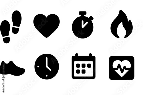 Activity Tracking Icons. Solid, filled icon set of activity tracking: footsteps, heart rate, stopwatch, calories burned, running shoe, clock, calendar, pulse