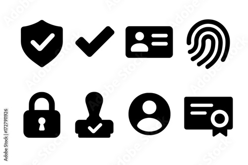 Verification Icon Set. Solid, filled icon set of sender verification: shield, checkmark, ID card, fingerprint, security lock, approval stamp, user profile,