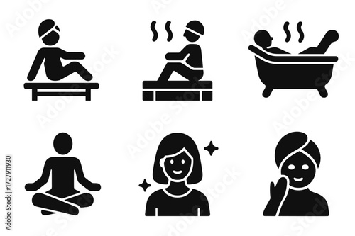 Sauna Lifestyle Icons. Solid, filled icon set of sauna lifestyle: relaxation, wellness, spa day, health routine, meditation, socializing, rejuvenation,