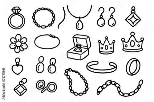 Jewelry Doodle Collection. Hand-drawn doodle illustration Jewelry collection [ring, bracelet, necklace, earrings, pendant, brooch, anklet, cufflinks, jewelry