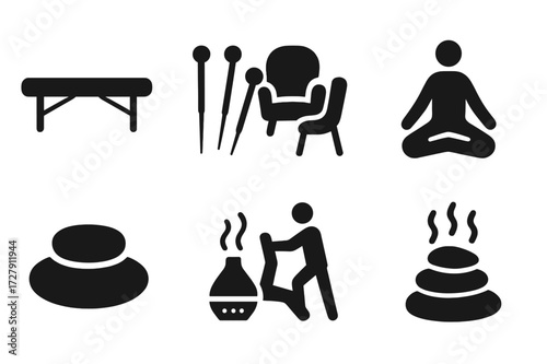 Therapy Icons Grid. Solid, filled icon set of therapy types: massage table, acupuncture needles, counseling chair, yoga pose, meditation cushion, aromatherapy