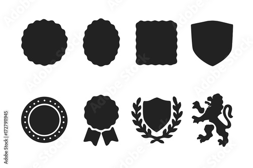 Seal Icon Set. Solid, filled icon set of seal shapes and patterns: round seal, oval seal, square seal, crest seal, decorative border, inscription, emblem,