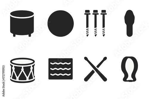 War Drum Icon Set. Solid, filled icon set of war drum construction: drum shell, drumhead, tension rods, lugs, hoops, snare wires, drumsticks, carrying strap.