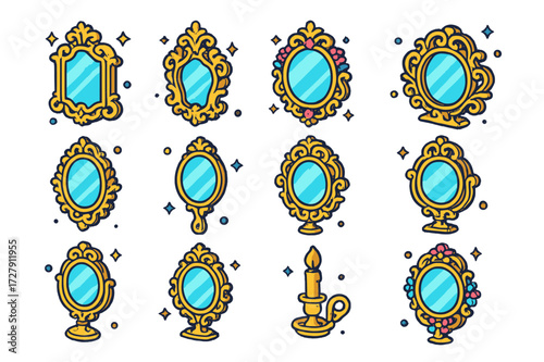 Baroque Mirror Icons. Baroque mirror. Colorful isometric vector icons set of Baroque mirror: intricate frame, gilded carvings, floral patterns, ornate edges,
