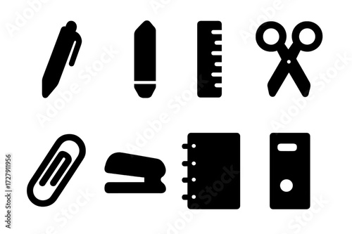 Office Tools Icons. Solid, filled icon set of office tools: pen, pencil, ruler, scissors, paperclip, stapler, notebook, binder. Solid, filled icons in only