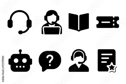 Customer Support Icons. Solid, filled icon set of customer support tools: headset, help desk, knowledge base, ticket, chat bot, FAQ, call center, feedback