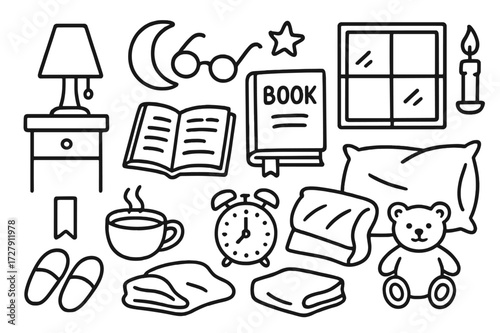 Bedtime Doodle Icons. Hand-drawn doodle illustration bedtime reading book, glasses, lamp, candle, pillow, blanket, cup of tea, moon, star, clock, nightstand,