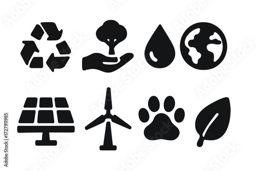 Conservation Icon Set. Solid, filled icon set of natural conservation: recycling, tree planting, water drop, earth globe, solar panel, wind turbine, animal