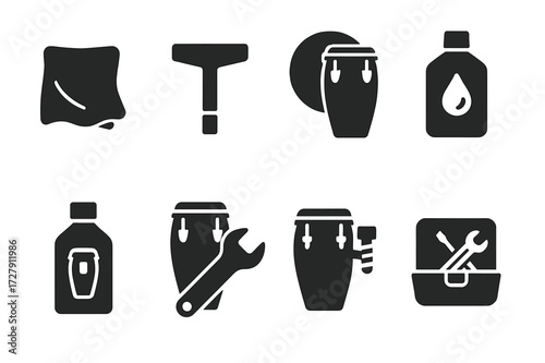 Conga Maintenance Icons. Solid, filled icon set of conga maintenance: cleaning cloth, tuning key, replacement skin, lubricating oil, drum polish, tightening