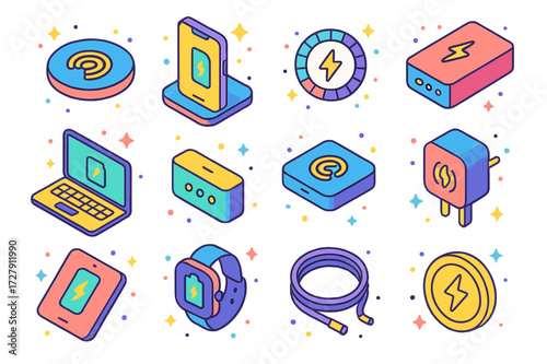 Wireless Charging Icons. Wireless charging. Colorful isometric vector icons set of Wireless charging: wireless pad, smartphone, charging animation, power bank,