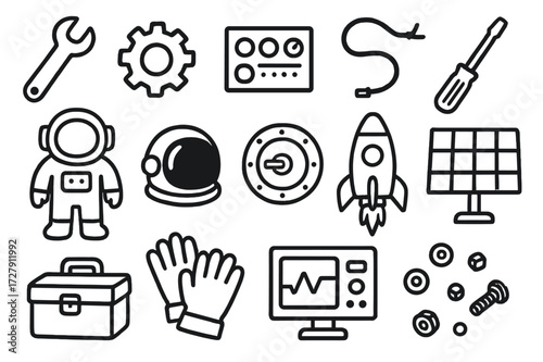 Spaceship Repair Doodles. Hand-drawn doodle illustration spaceship repair wrench, gear, panel, wire, screwdriver, astronaut, helmet, bolts, hatch, rocket