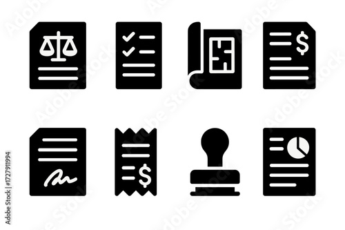 Bid Documentation Icons. Solid, filled icon set of bid documentation: legal document, checklist, blueprint, invoice, contract, receipt, approval stamp, report.