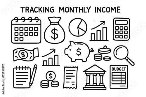 Monthly Income Tracking Icons. Hand-drawn doodle illustration [Tracking monthly income] [calendar, money bag, dollar sign, pie chart, bar graph, calculator,