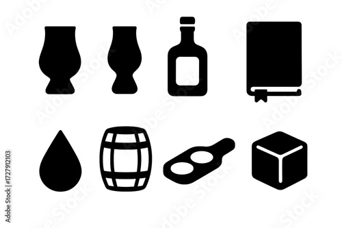 Spirits Tasting Icons. Solid, filled icon set of spirits tasting: whiskey glass, nosing glass, bottle with cork, tasting journal, spirit droplet, barrel,