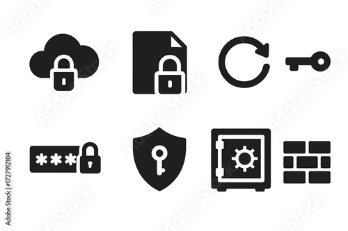 Data Protection Icons. Solid, filled icon set of data protection: cloud storage, encrypted file, backup disk, security key, password manager, shield with