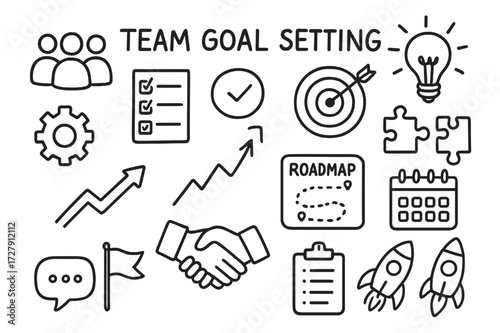 Team Goal Icons. Hand-drawn doodle illustration [Team goal setting] [group icon, checklist, target, lightbulb, puzzle piece, gear, handshake, upward arrow,