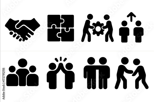 Team Collaboration Icons. Solid, filled icon set of team collaboration: handshake, puzzle pieces, joint effort, shared goal, synergy, alliance, teamwork,
