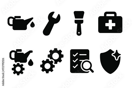 Durability Maintenance Icons. Solid, filled icon set of durability maintenance: oil can, wrench, cleaning brush, repair kit, lubrication, replacement parts,