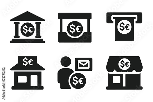 Currency Exchange Icons. Solid, filled icon set of currency exchange places: bank, exchange kiosk, online exchange, ATM, forex bureau, money changer, post