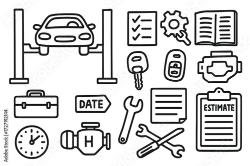 Automotive Repair Icons. Hand-drawn doodle illustration [automotive repair tracking] [car lift, checklist, parts icon, repair manual, service receipt, toolbox,