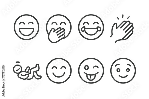 Laughter Icons Set. Outline icon set of laughter gestures: open mouth, hand covering mouth, tears of joy, clapping hands, rolling on floor, smiling eyes,