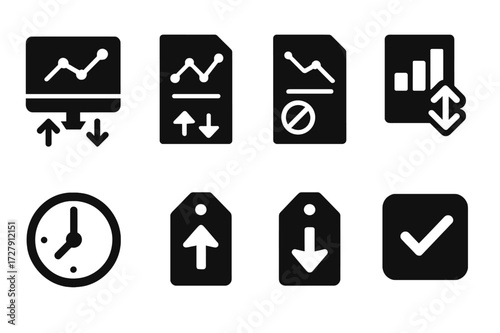 Stock Order Icons. Solid, filled icon set of stock transaction types: market order, limit order, stop order, fill or kill, good till canceled, buy order, sell