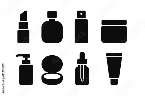 Cosmetic Packaging Icons. Solid, filled icon set of cosmetics packaging: lipstick tube, perfume bottle, spray bottle, jar with lid, pump dispenser, compact