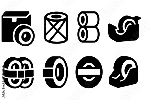 Tape Packaging Icons. Solid, filled icon set of tape packaging: tape box, shrink-wrapped tape, bulk tape rolls, tape dispenser pack, tape bundle, tape label,