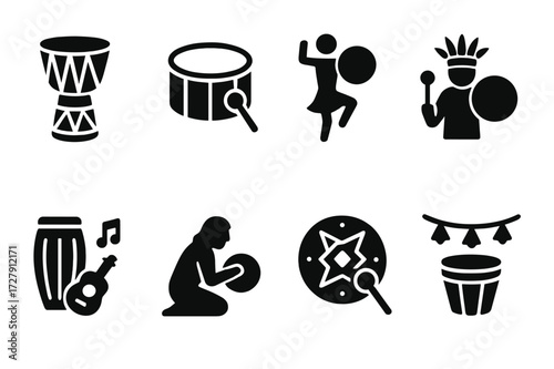 Traditional Drum Icon Set. Solid, filled icon set of hand drum history and culture: tribal drum, ceremonial drum, traditional dance, shamanic drum, folk music,