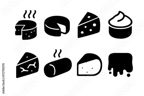 Cheese Icon Grid. Solid, filled icon set of cheese characteristics: aged, soft, hard, creamy, blue-veined, smoked, fresh, melted. Line icons in only black
