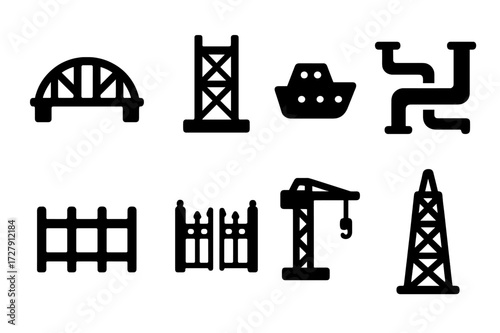 Metal Structure Icons. Solid, filled icon set of metal structures: bridge, skyscraper frame, ship hull, pipeline, fence, metal gate, crane, tower. [Solid,