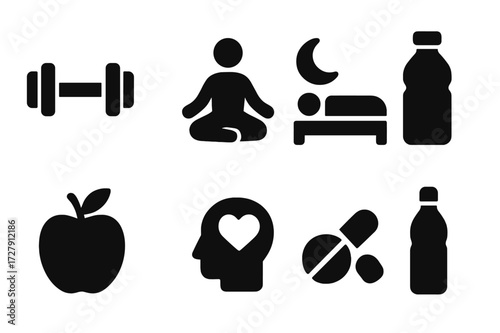 Nourishment Icon Set. Solid, filled icon set of nourishment lifestyle: fitness, wellness, meditation, sleep, hydration, healthy eating, supplements, mental