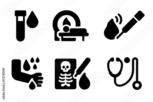 Medical Diagnostics Icons. Solid, filled icon set of anti-inflammatory tests and diagnostics: blood test, MRI scan, ultrasound, biopsy, allergy test, x-ray,