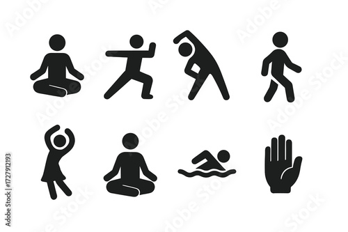 Gentle Movements Icon Set. Solid, filled icon set of gentle movements: yoga pose, tai chi, stretching, walking, dancing, meditating, swimming, tai chi hand.